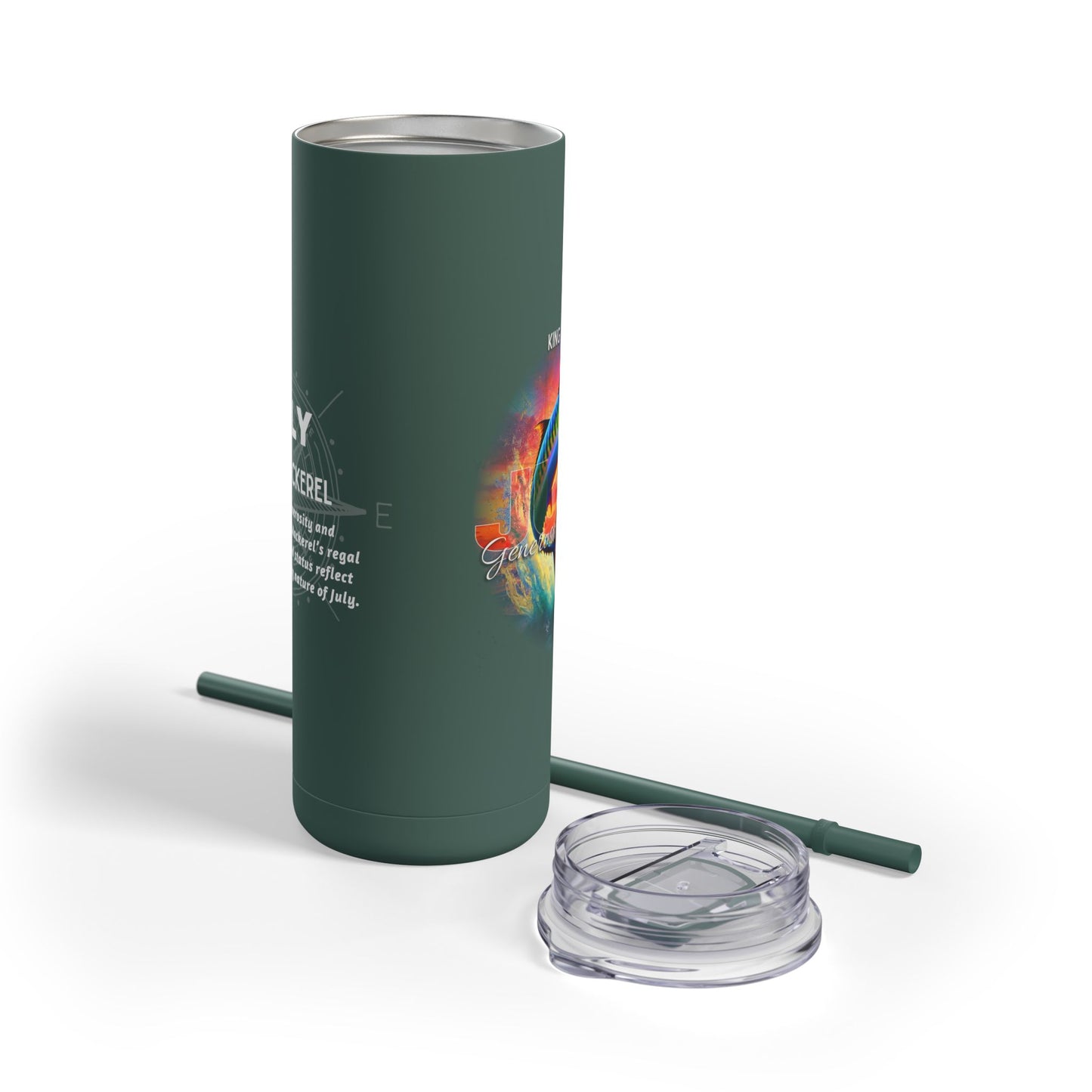 Birth month travel tumbler mug in dark green with colorful zodiac design and clear lid