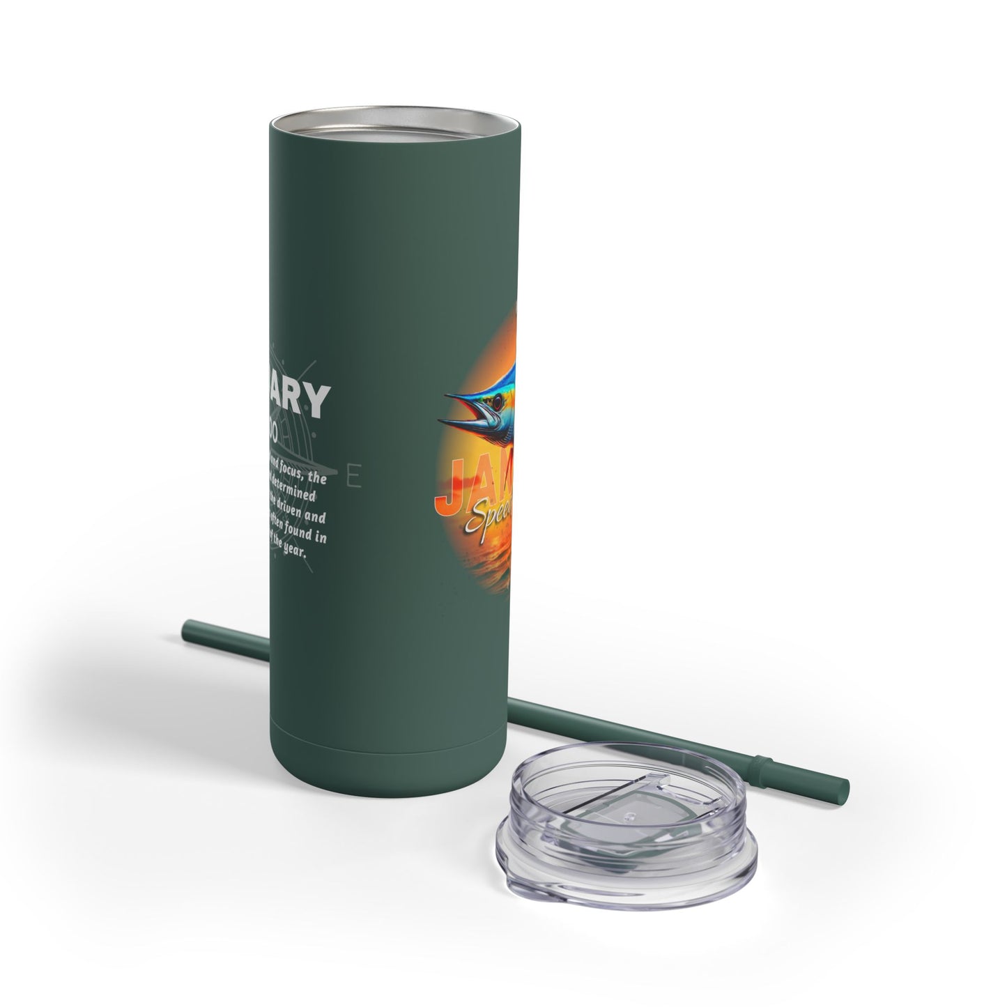 Birth month travel tumbler with dark green body, colorful January design, clear lid, and matching straw