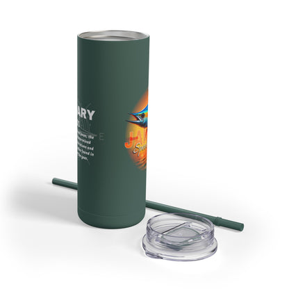 Birth month travel tumbler with dark green body, colorful January design, clear lid, and matching straw