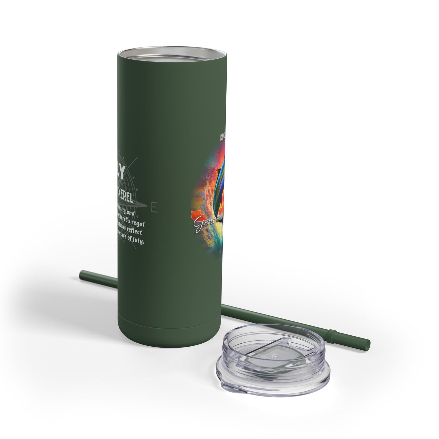 Birth month travel tumbler in dark green with colorful design and clear lid with straw