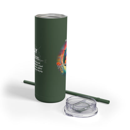 Birth month travel tumbler in dark green with colorful design and clear lid with straw