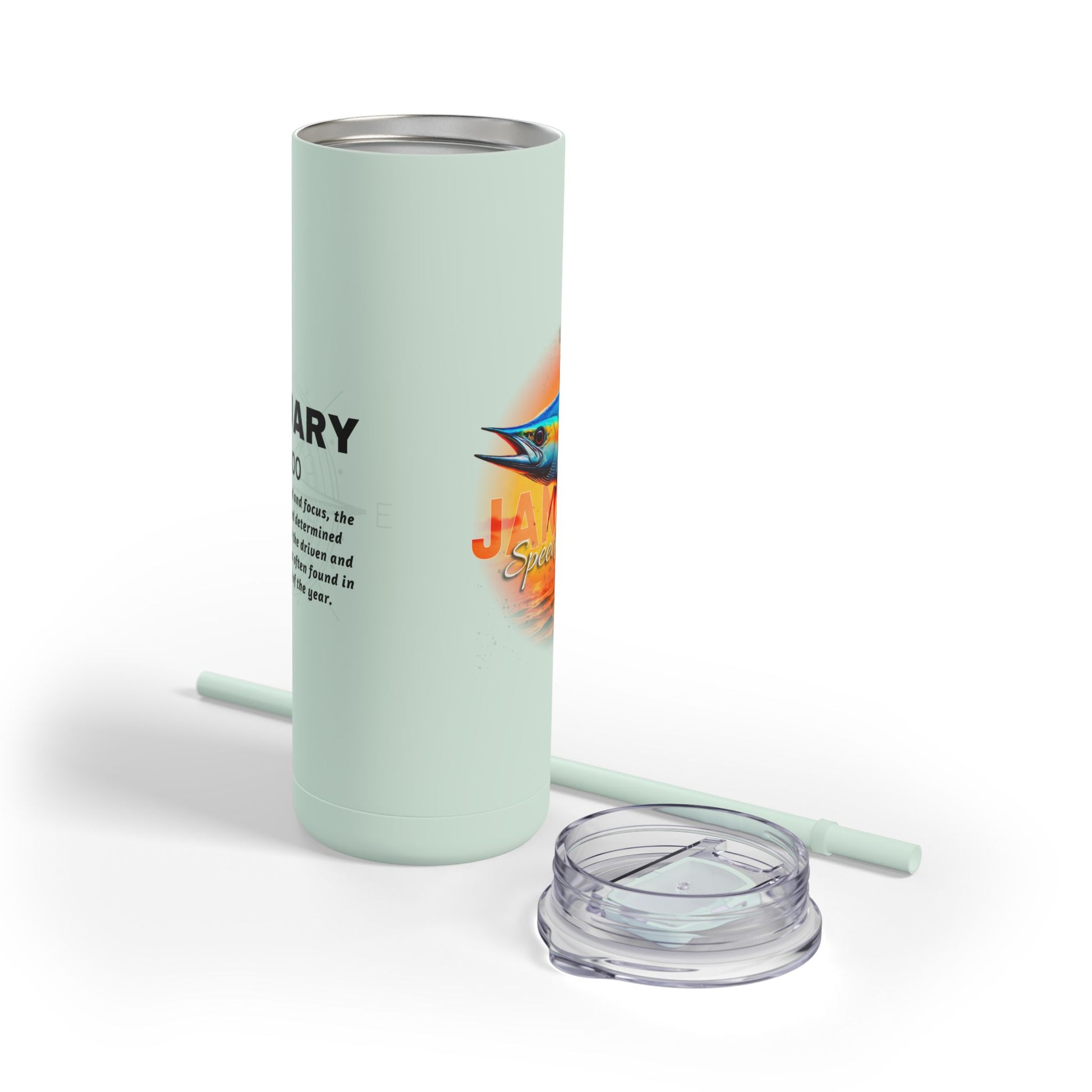 January birth month travel tumbler in light green with straw and clear lid