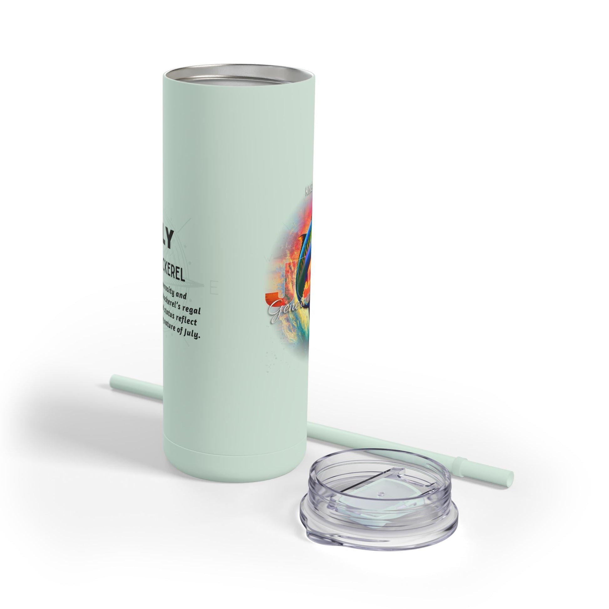 Birth month travel tumbler in light green with colorful July design and clear lid with straw