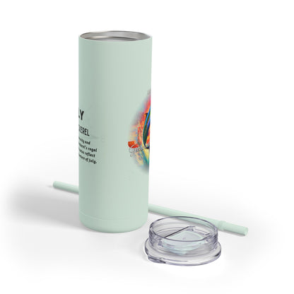 Birth month travel tumbler in light green with colorful July design and clear lid with straw