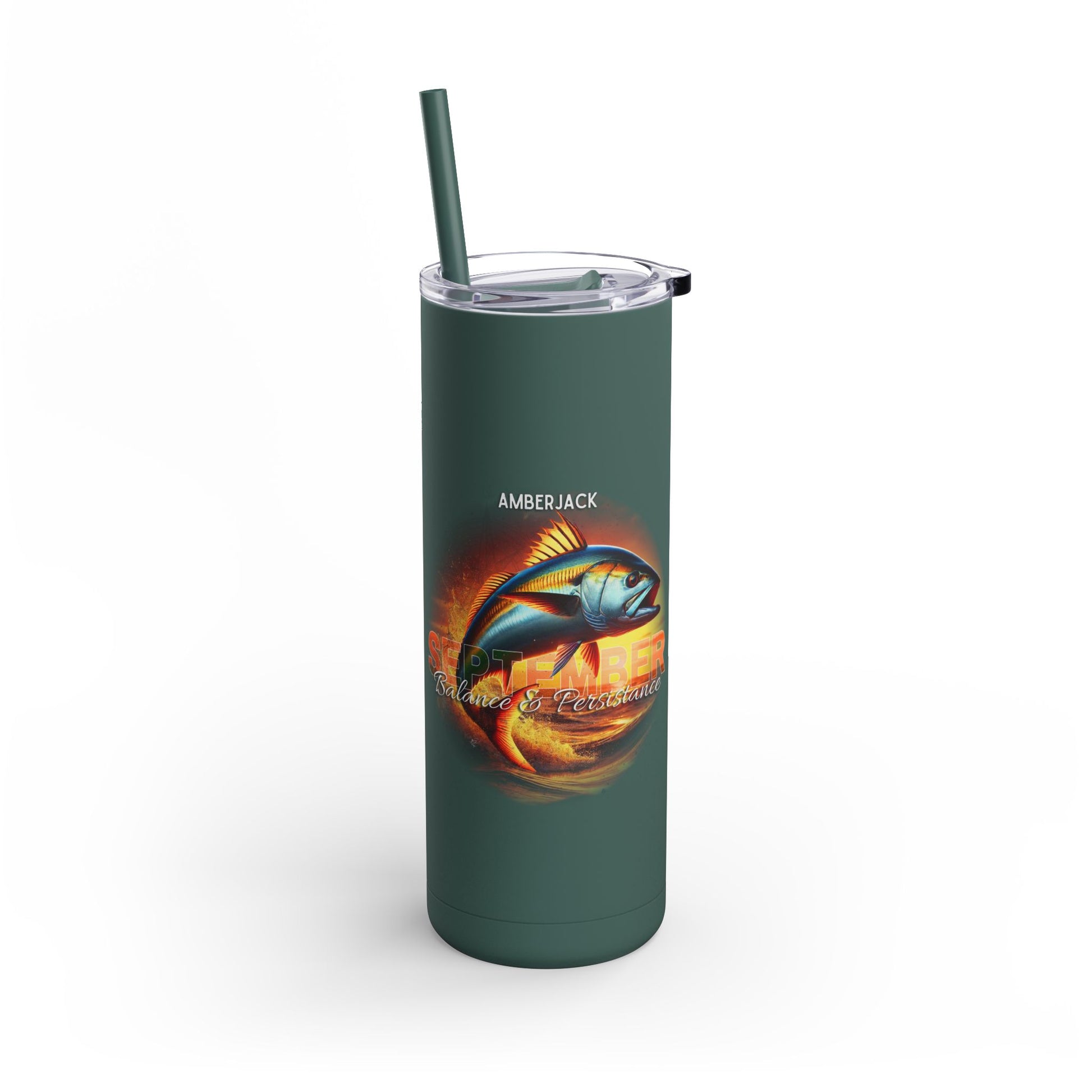Green birth month travel tumbler mug featuring an amberjack fish design with straw and clear lid