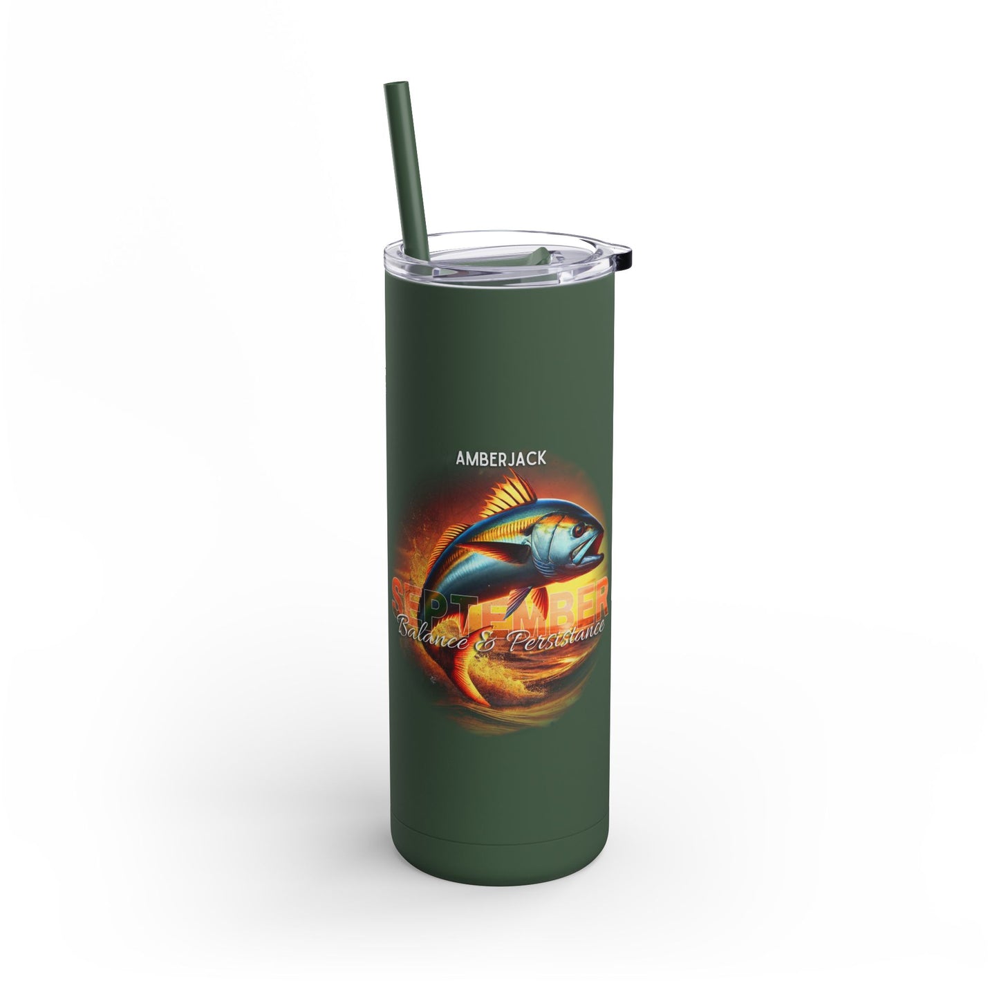 Printify green birth month travel tumbler with amberjack fish design and reusable straw