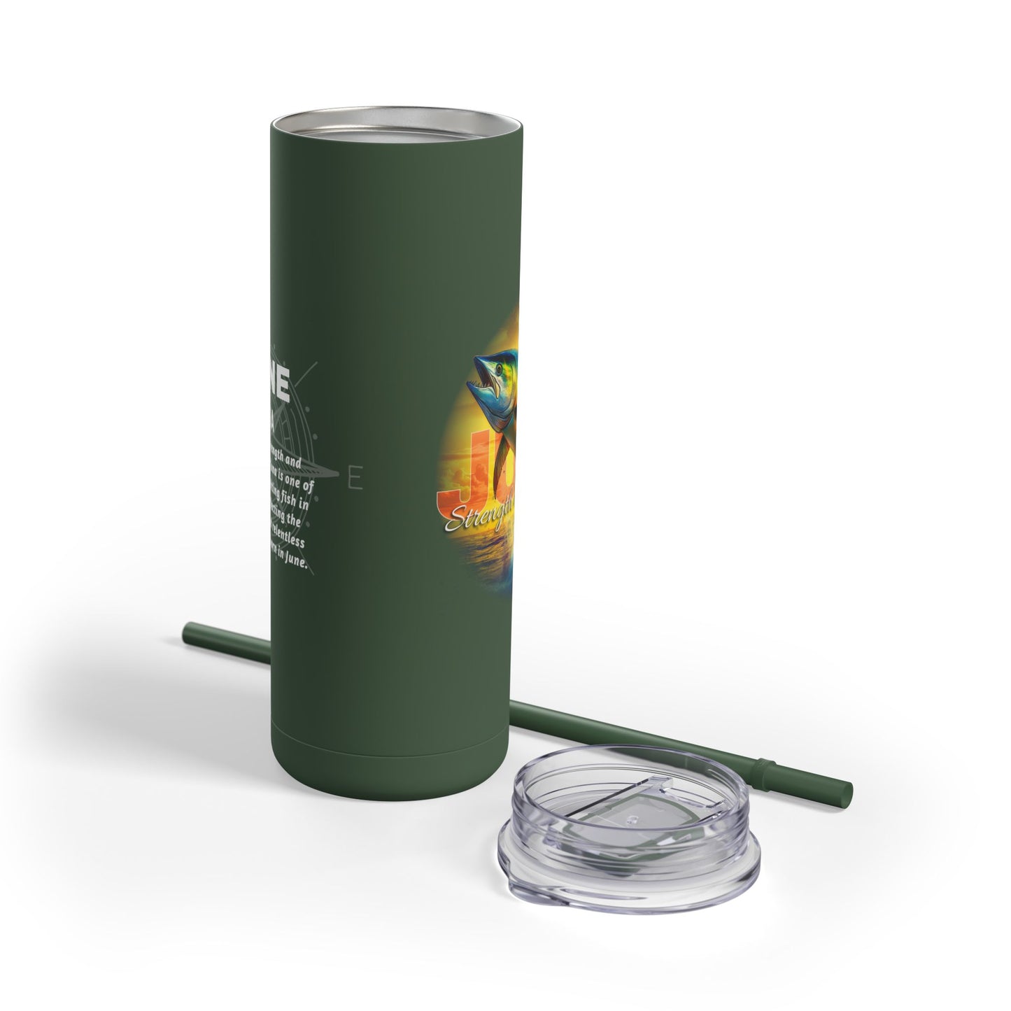 Printify birth month travel tumbler in green with fish design straw and clear lid