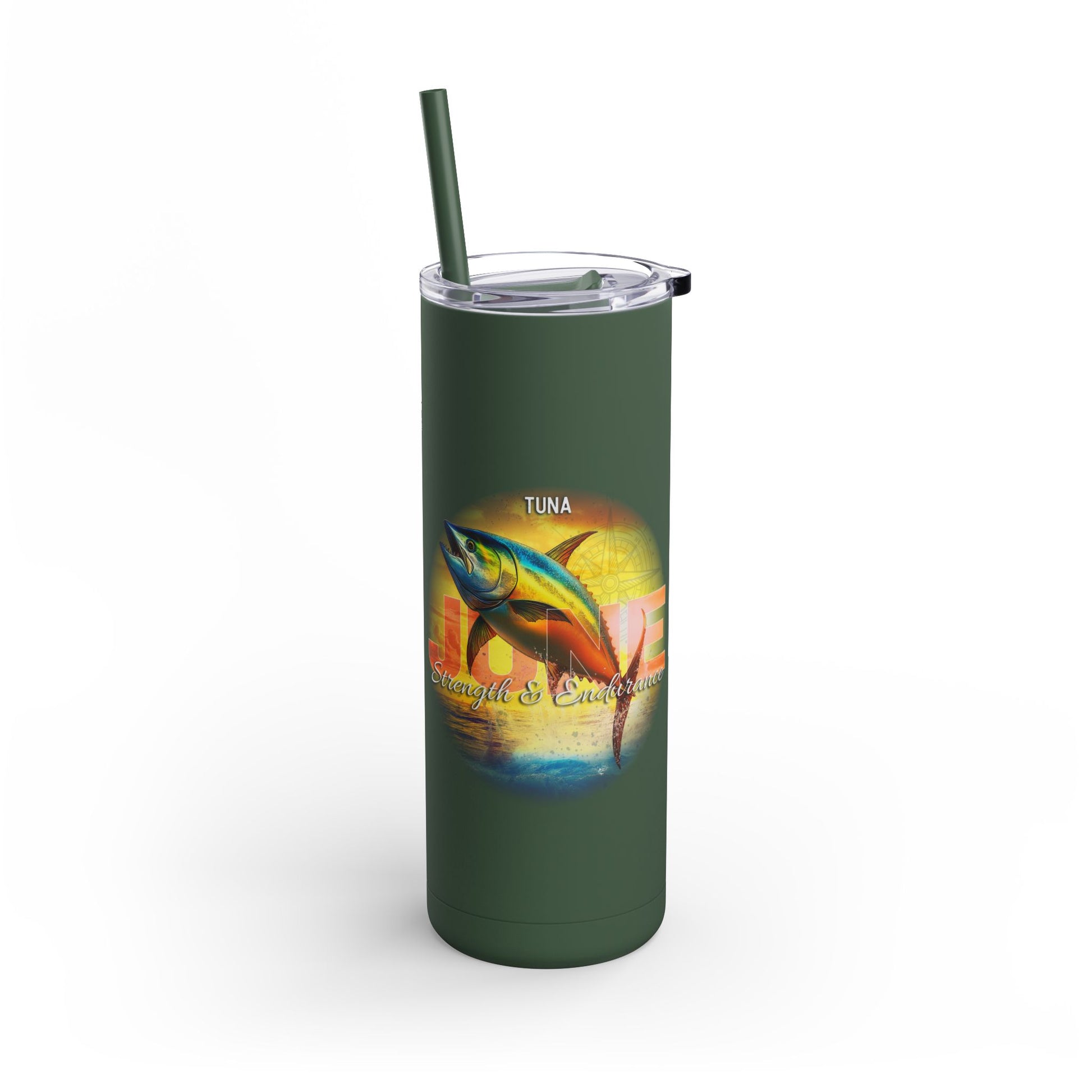 Printify birth month travel tumbler featuring tuna fish design with green body and clear lid