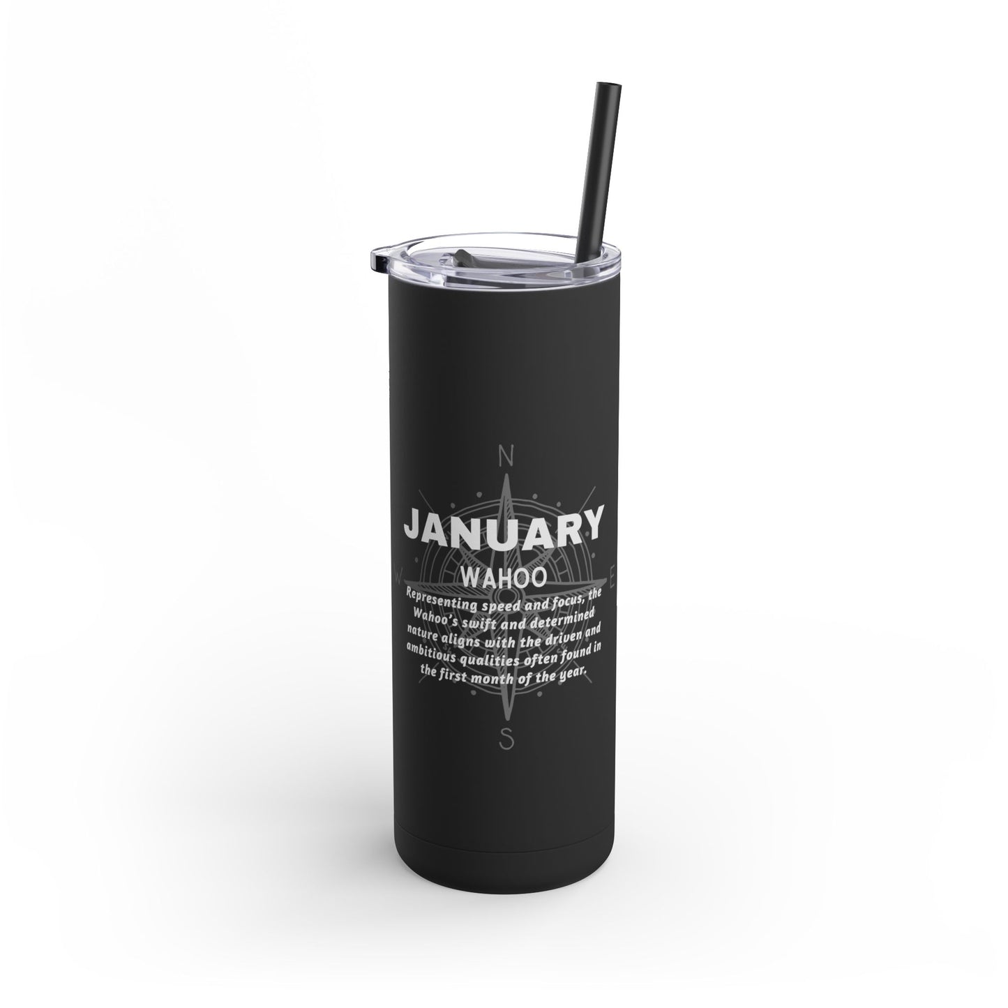 Black January birth month travel tumbler with compass design and clear lid with straw