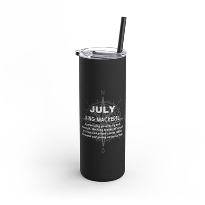 Black birth month travel tumbler with July King Mackerel design and clear lid with straw
