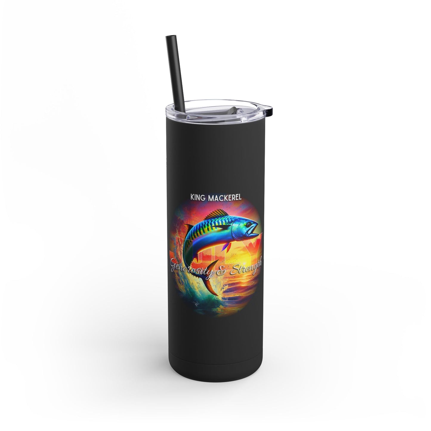 Black birth month travel tumbler featuring colorful king mackerel fish design with straw