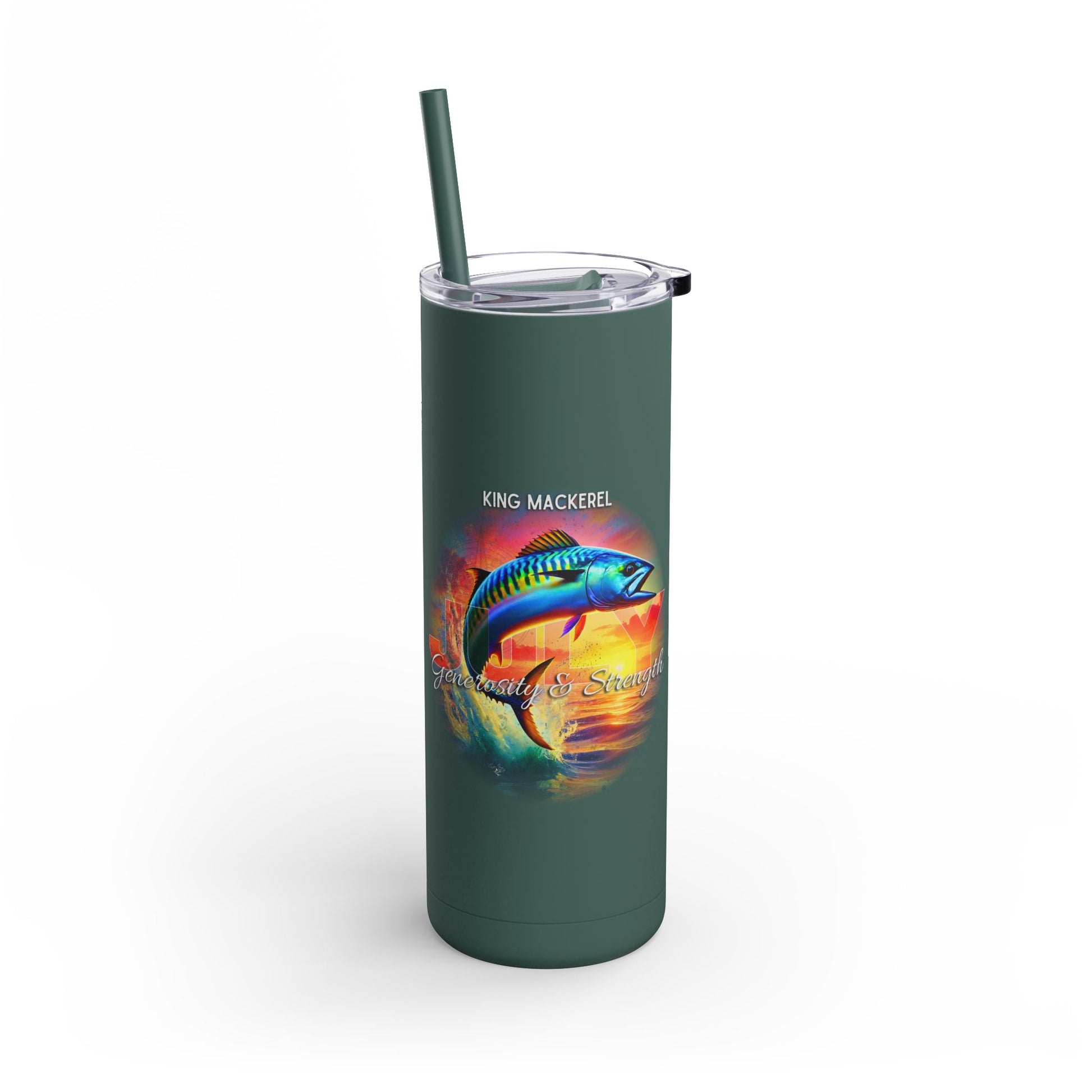 Birth month travel tumbler with king mackerel fish and sunset design in green color