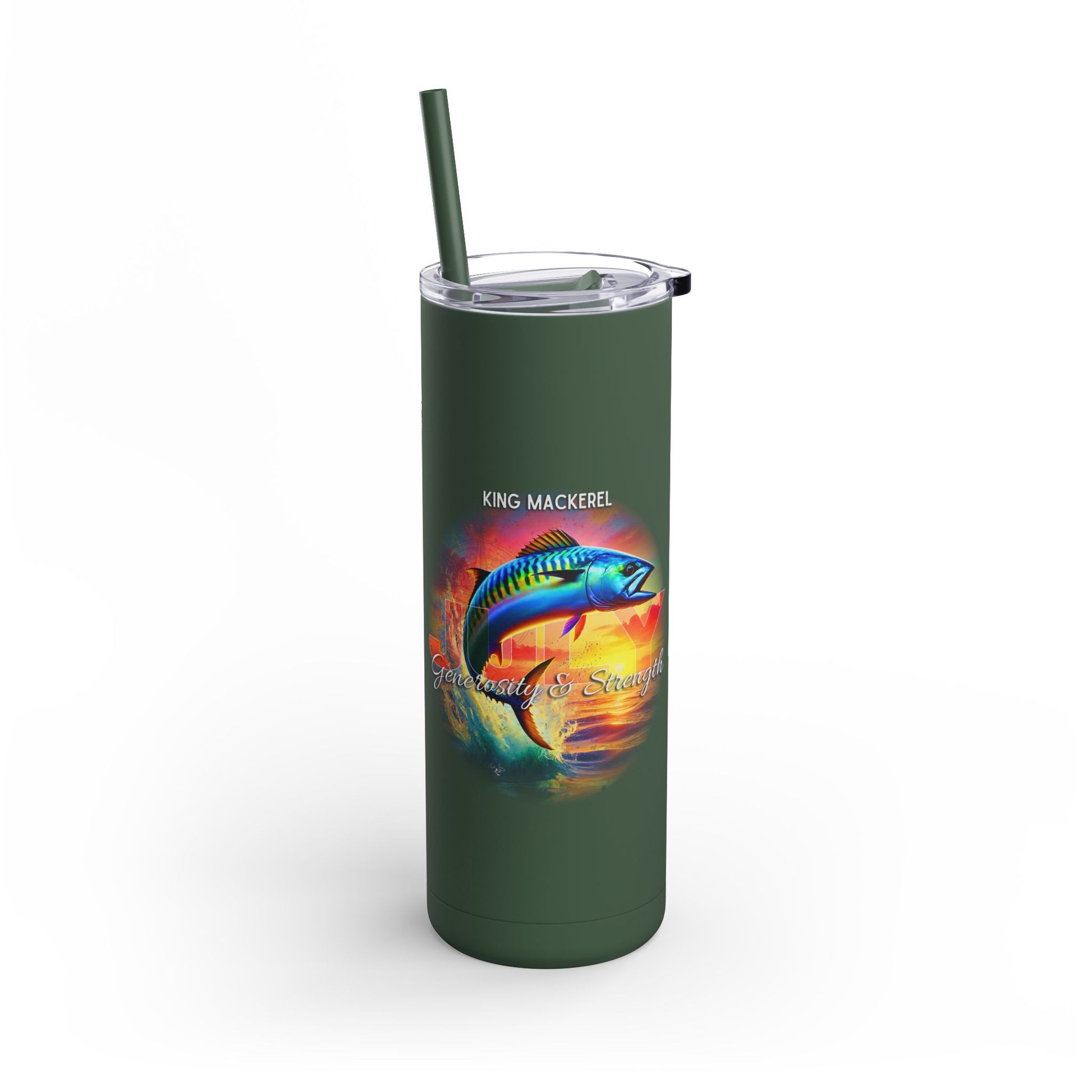 Birth month travel tumbler with king mackerel fish design and green straw