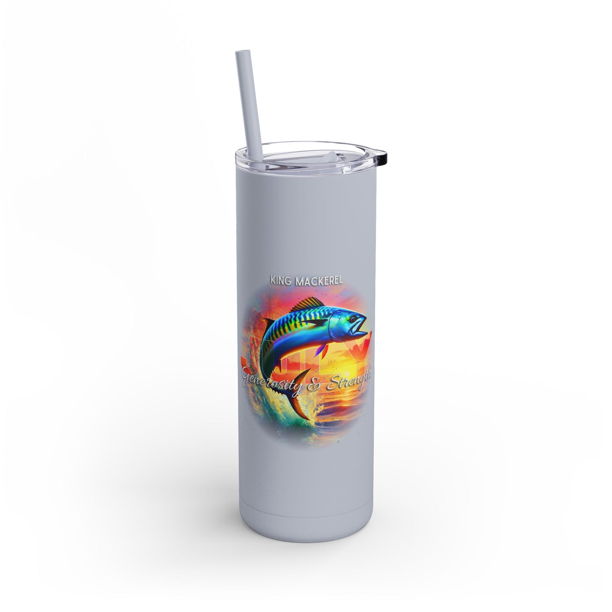 Birth month travel tumbler with King Mackerel fish design and clear lid with straw