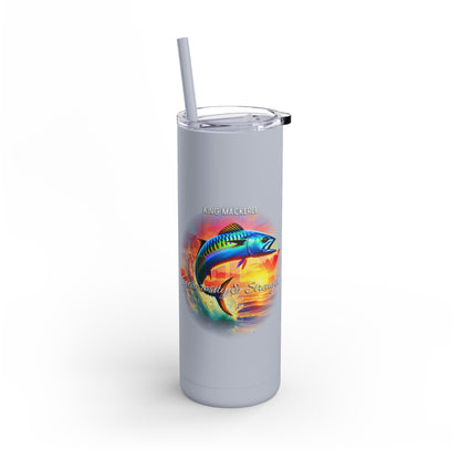 Birth month travel tumbler with King Mackerel fish design and clear lid with straw