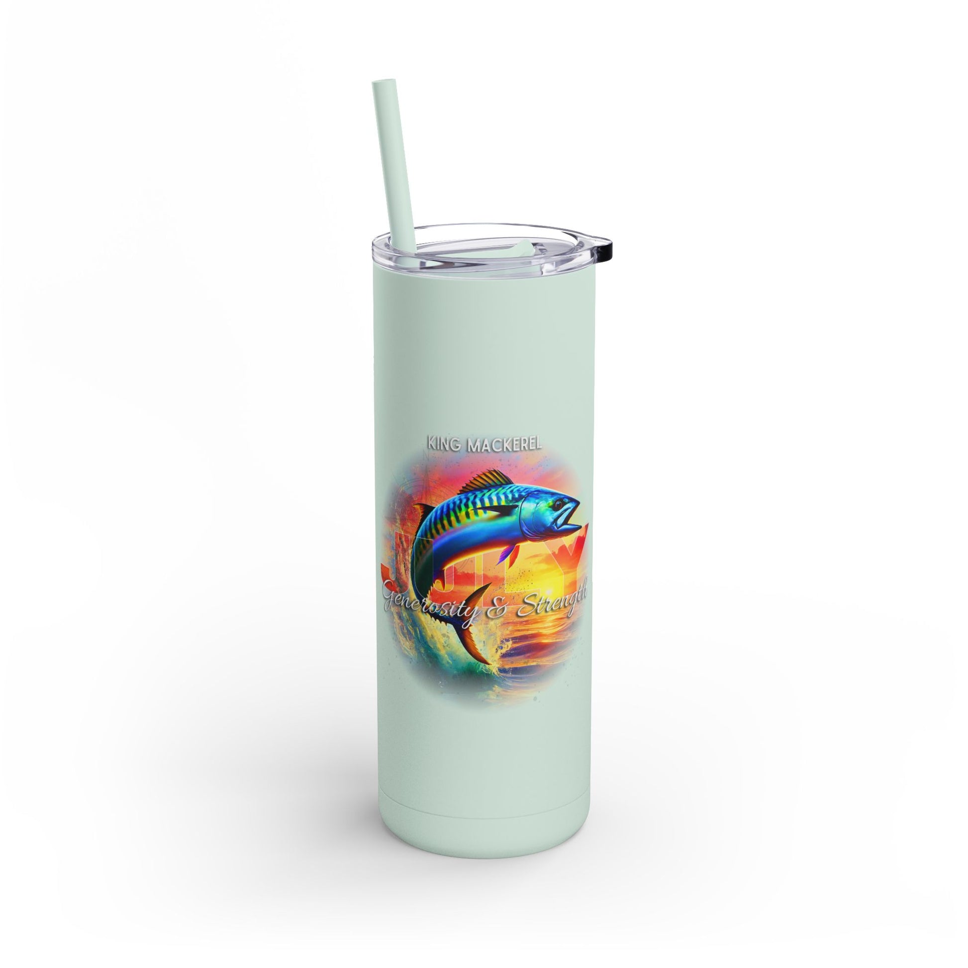 Birth month travel tumbler featuring colorful king mackerel fish design with lid and straw