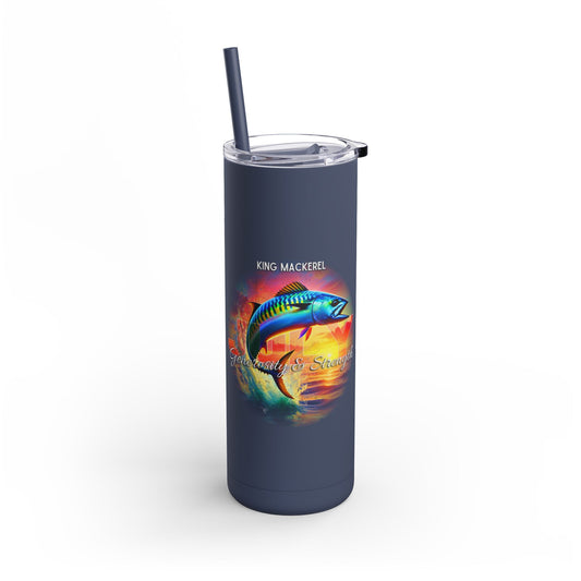 Birth month travel tumbler with king mackerel fish graphic and vibrant sunset background