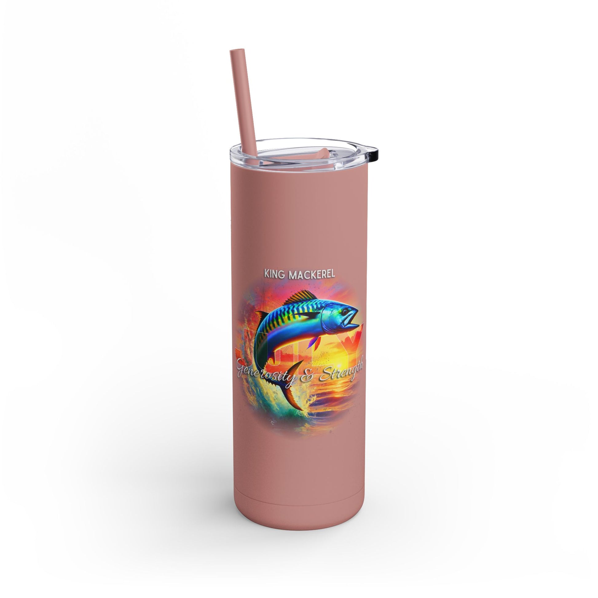Pink birth month travel tumbler with King Mackerel fish design and clear lid with straw