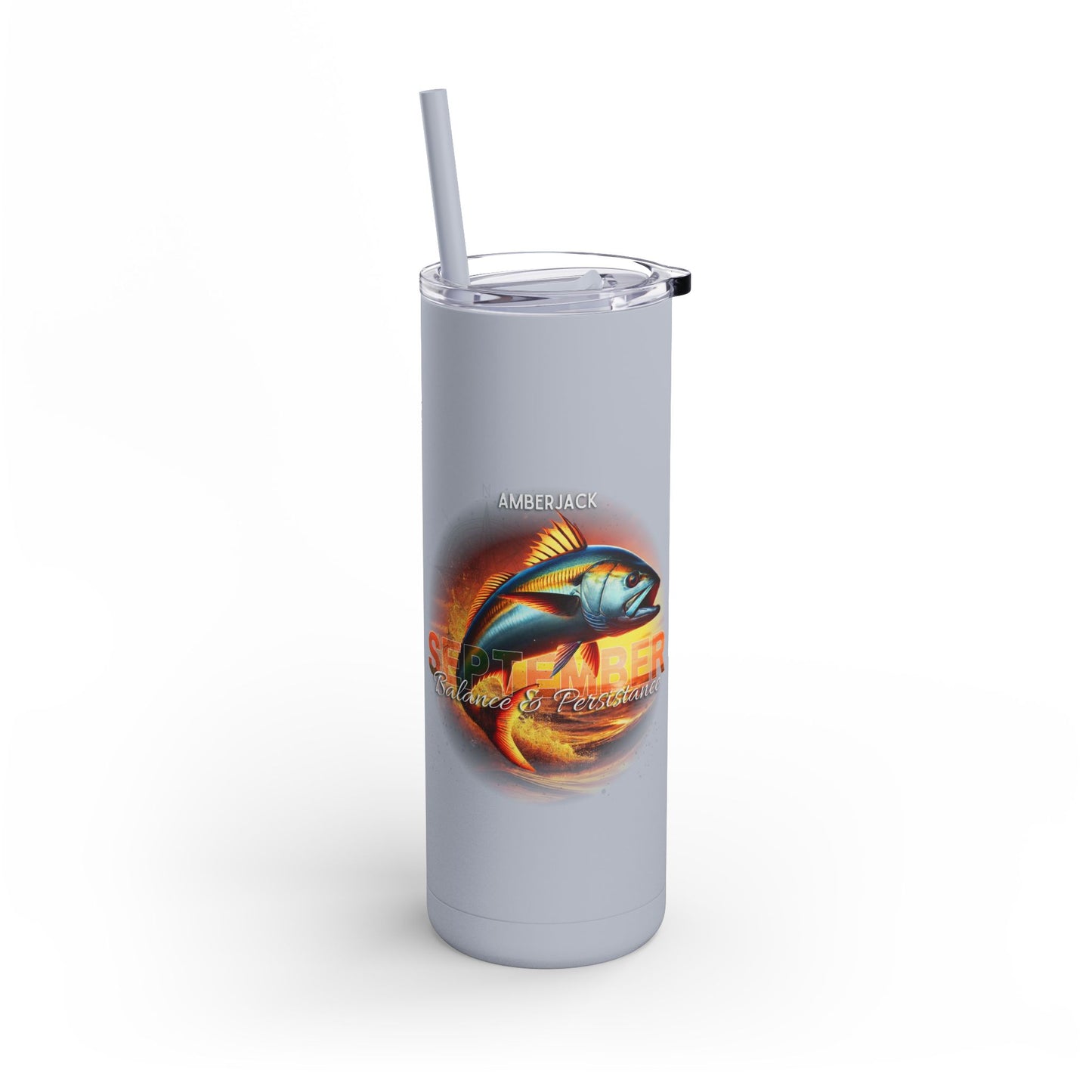 Printify birth month travel tumbler with amberjack fish September design and clear lid with straw