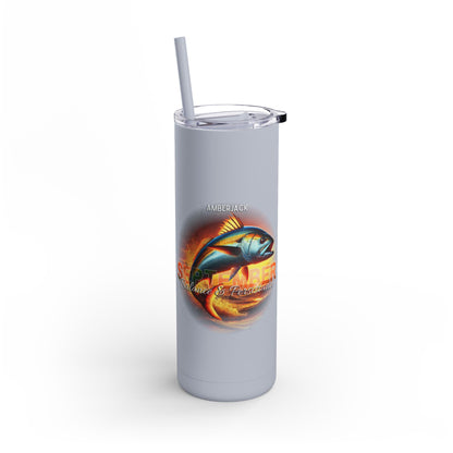 Printify birth month travel tumbler with amberjack fish September design and clear lid with straw