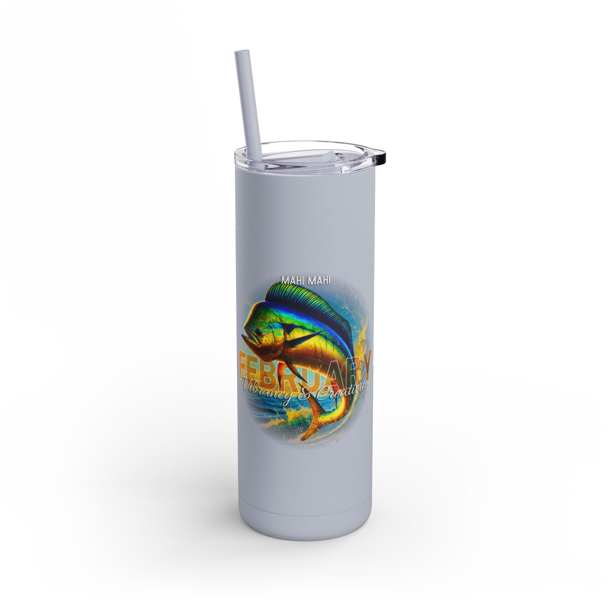 Birth month travel tumbler with February design featuring colorful mahi mahi fish and straw