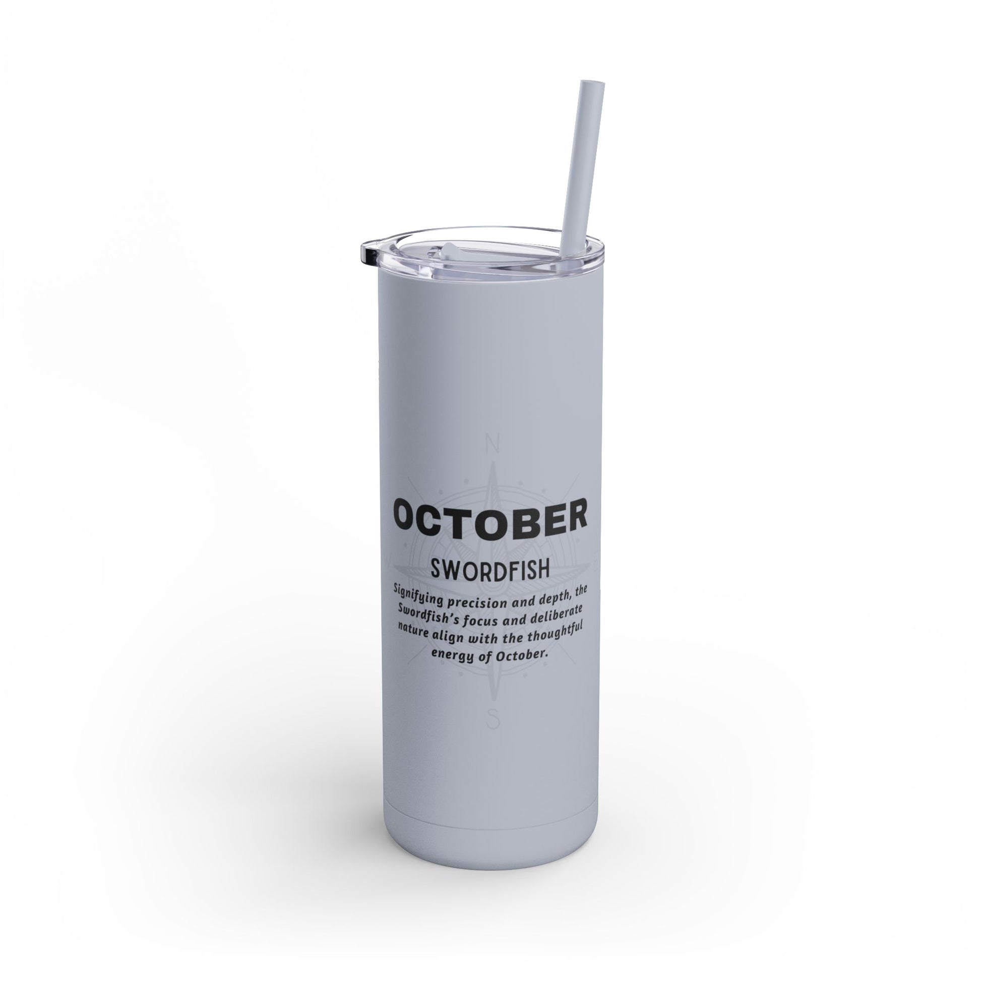 October Swordfish birth month travel tumbler with straw and clear lid in light gray