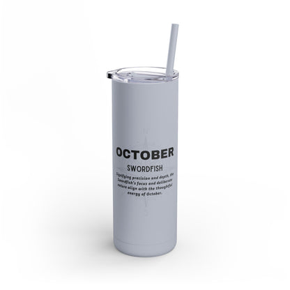 October Swordfish birth month travel tumbler with straw and clear lid in light gray