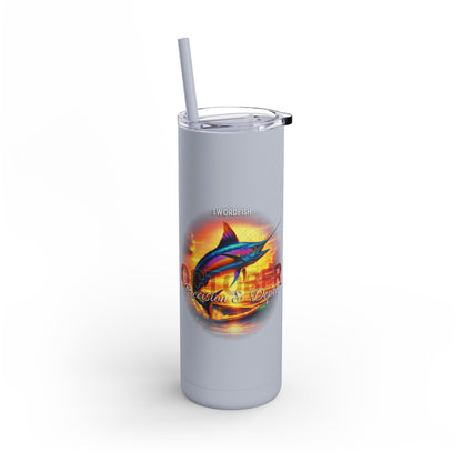 Birth month travel tumbler with swordfish design and clear lid with straw