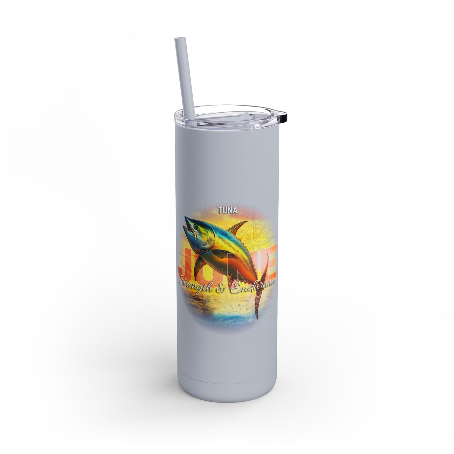 Printify birth month travel tumbler with tuna fish design and sunset background