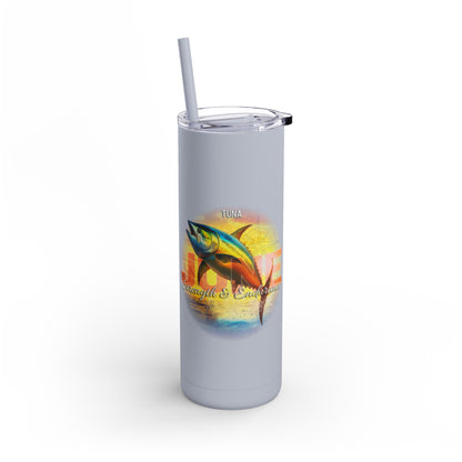 Printify birth month travel tumbler with tuna fish design and sunset background