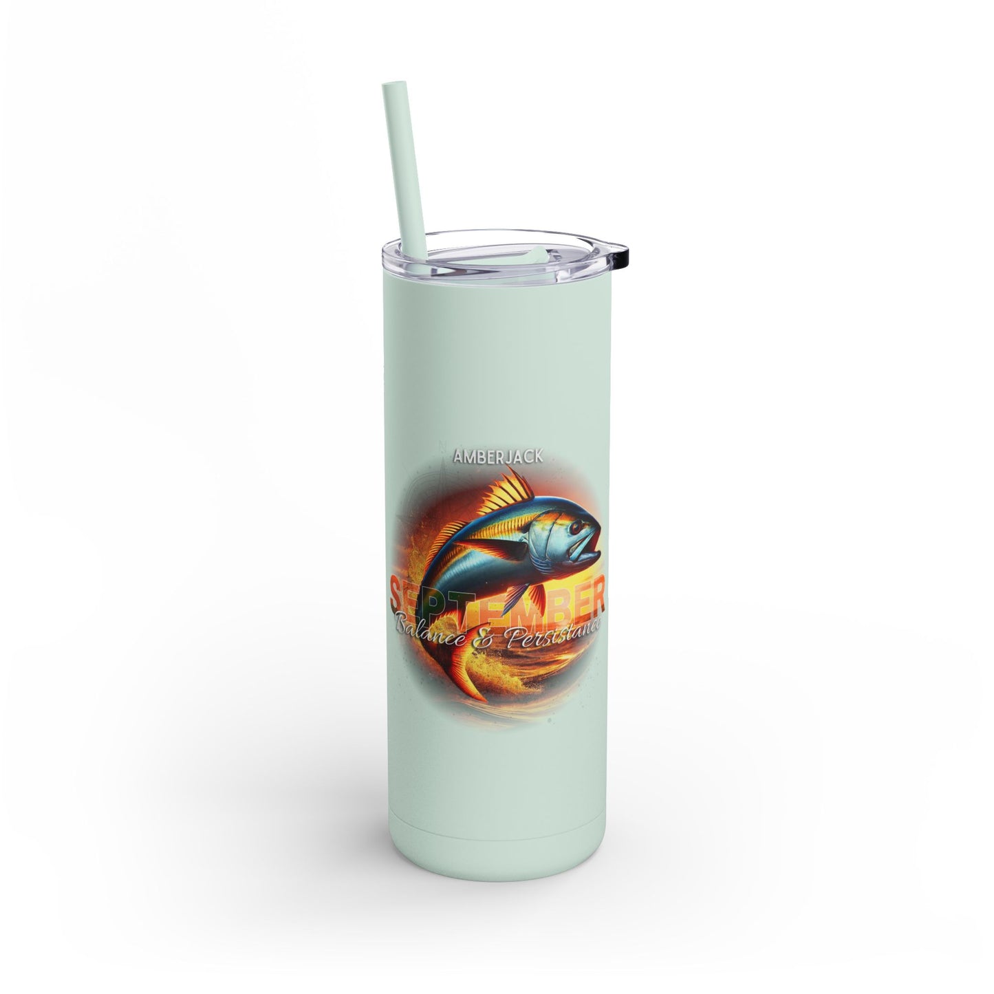 Printify birth month travel tumbler with amberjack fish design in light green color with straw