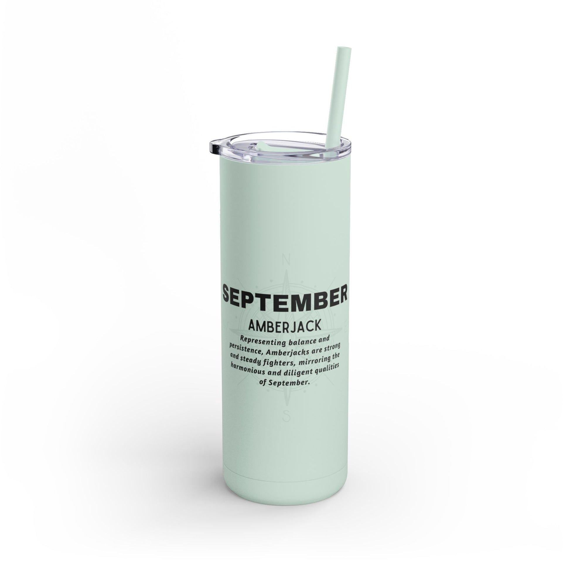 Printify birth month travel tumbler in light green with September Amberjack design and clear lid with straw