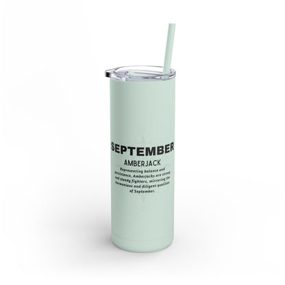 Printify birth month travel tumbler in light green with September Amberjack design and clear lid with straw