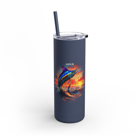 Birth month travel tumbler with marlin design and confidence and power text on navy blue mug