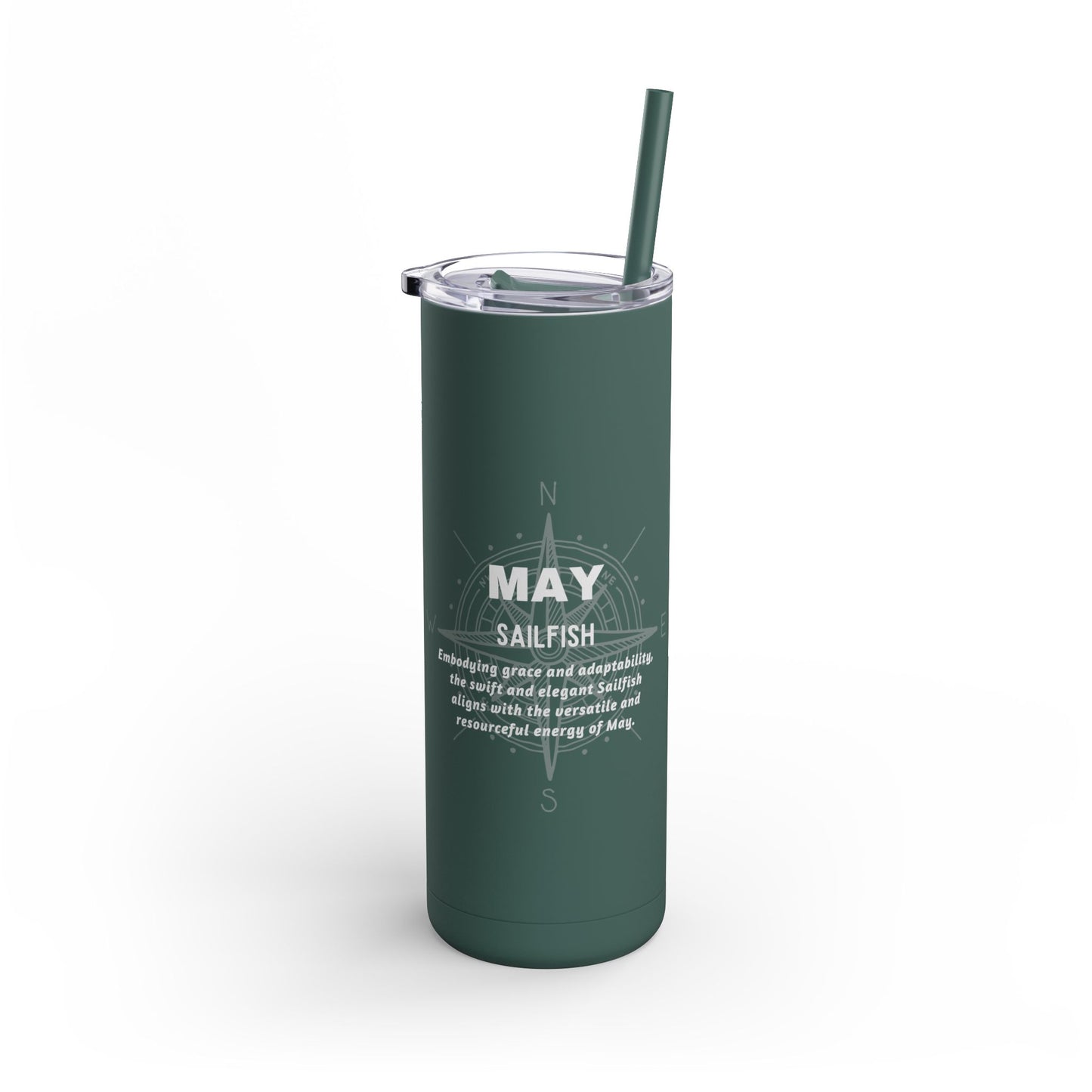 Green birth month travel tumbler for May with sailfish design and clear lid with straw