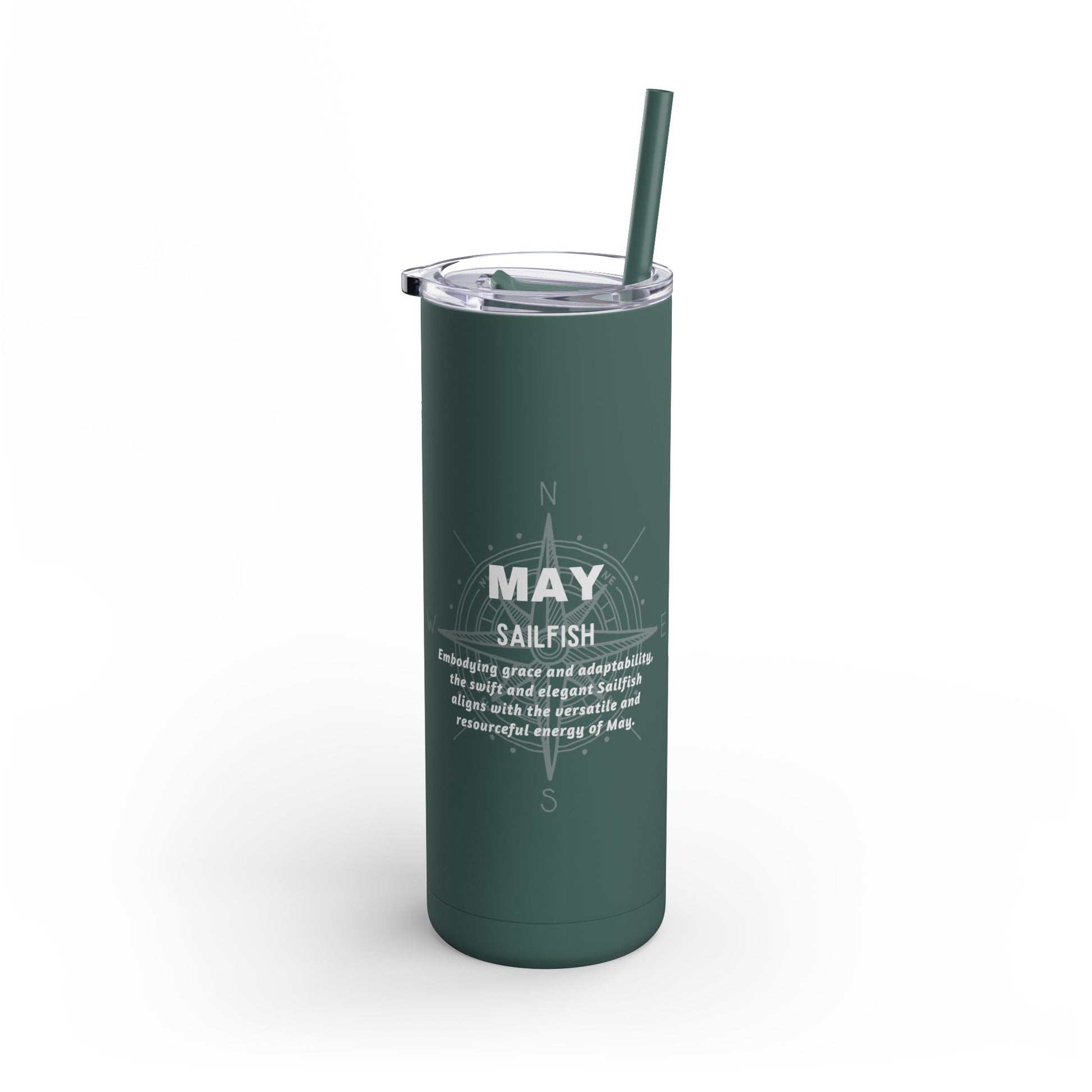 Green birth month travel tumbler for May with sailfish design and clear lid with straw