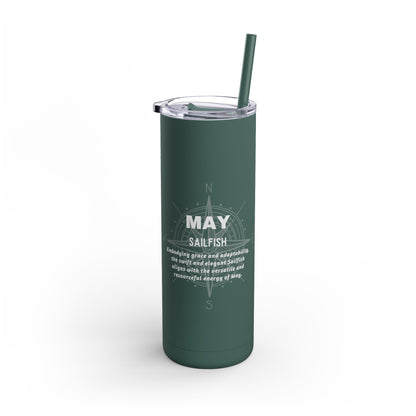 Green birth month travel tumbler for May with sailfish design and clear lid with straw