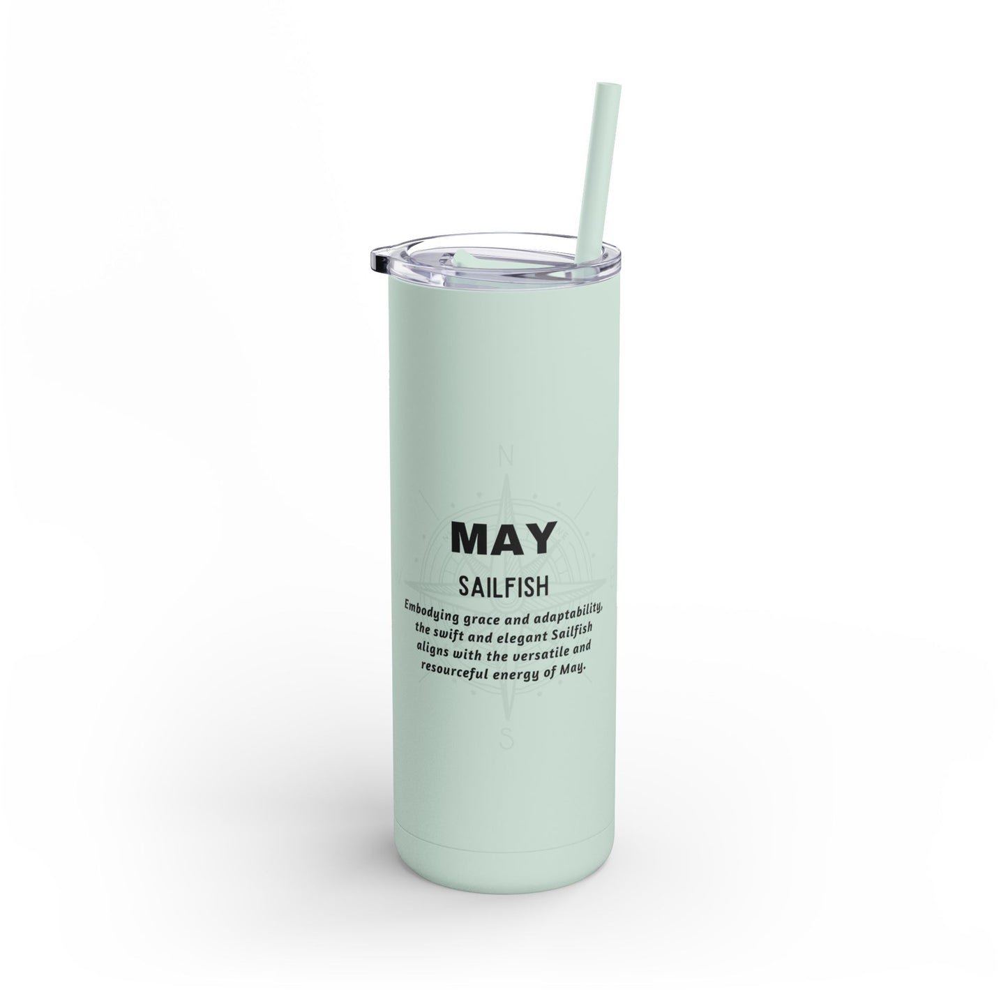 Birth month travel tumbler for May with Sailfish design in light green color with straw