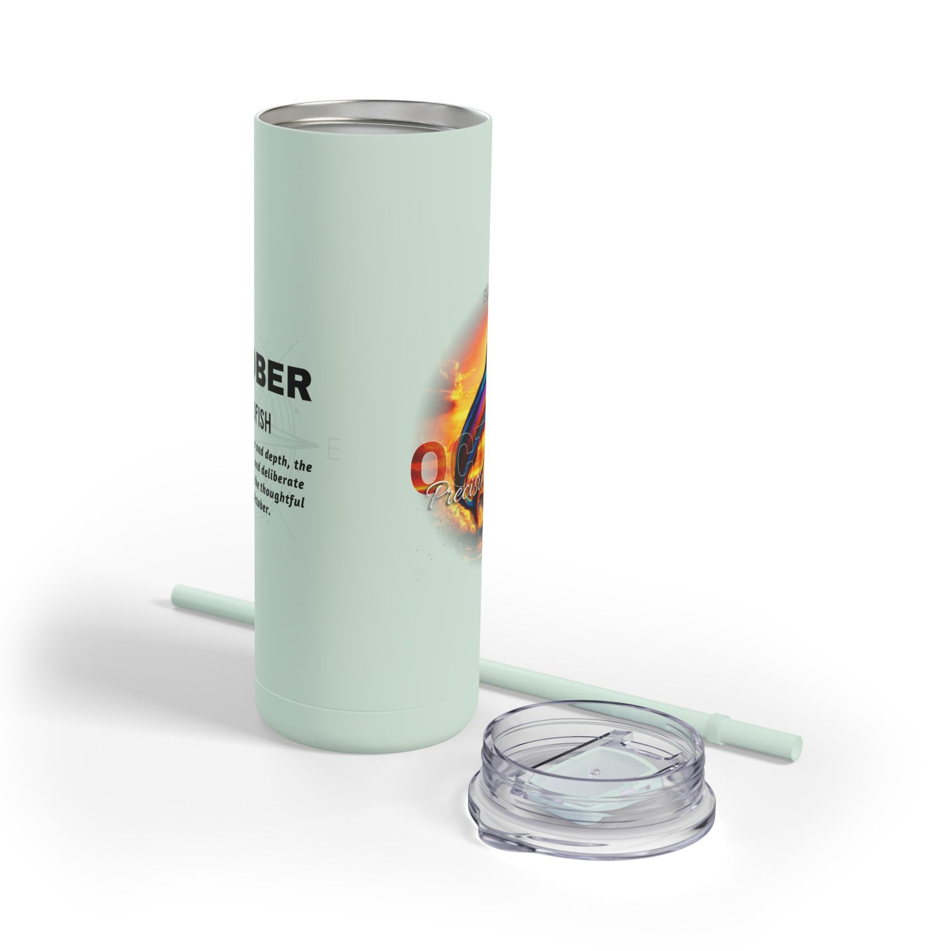Birth month travel tumbler with October design light green insulated mug with lid and straw
