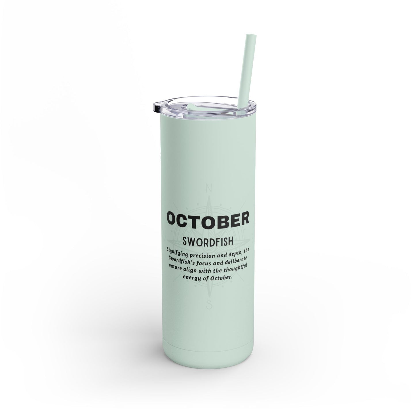 Birth month travel tumbler in light green with October Swordfish design and clear lid with straw