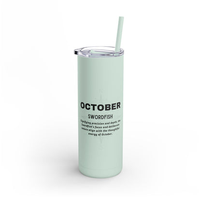 Birth month travel tumbler in light green with October Swordfish design and clear lid with straw