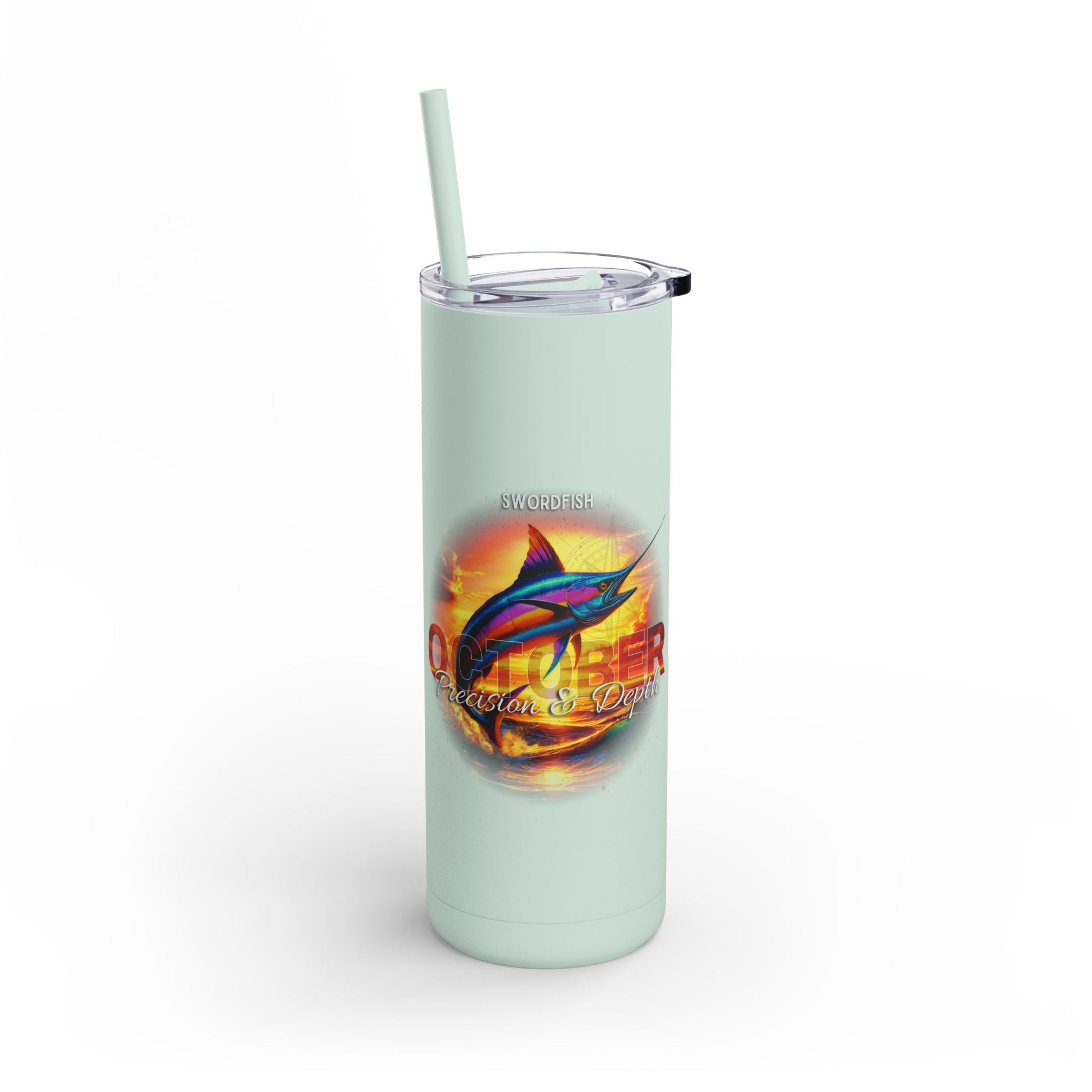 Birth month travel tumbler featuring a colorful swordfish design with straw and lid