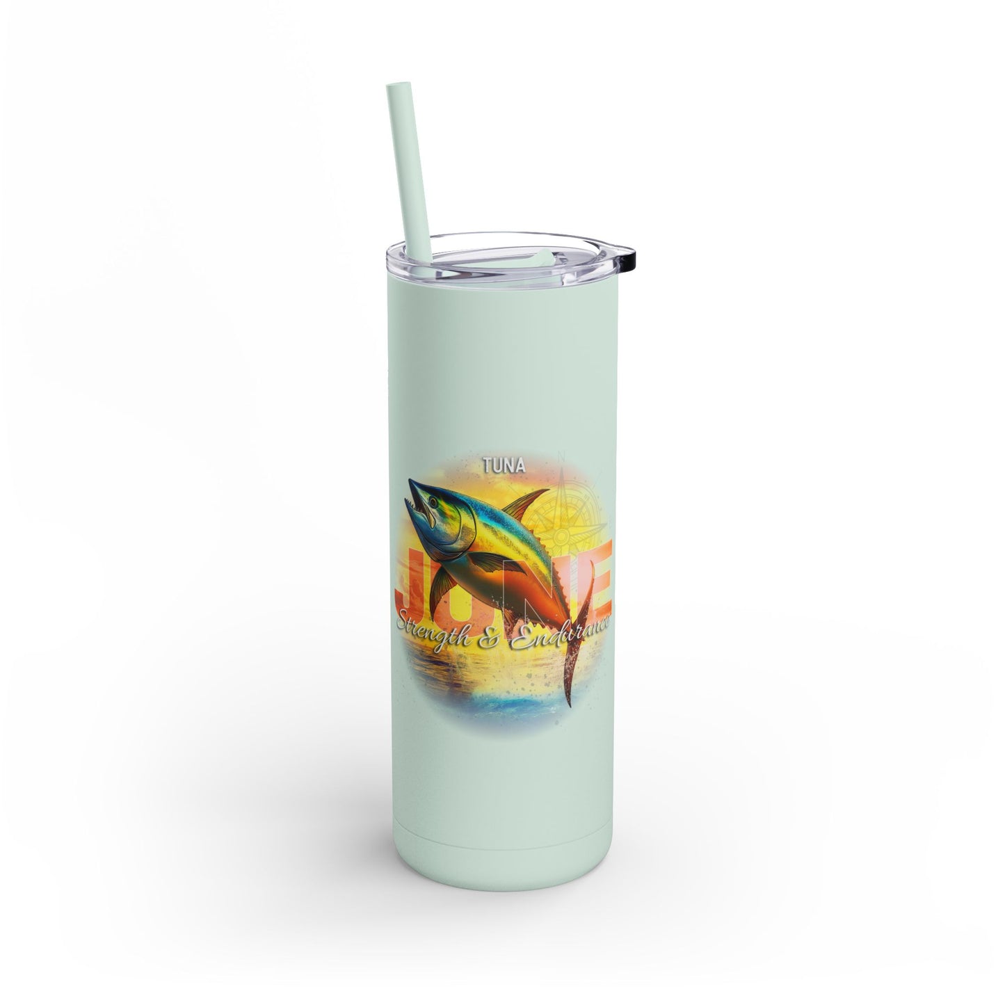 Printify birth month travel tumbler with tuna fish design and straw in light green color