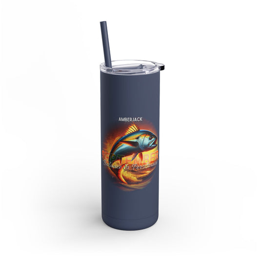 Printify birth month travel tumbler featuring Amberjack fish design in navy blue with clear lid and straw