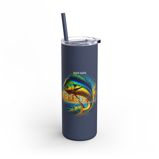 Birth month travel tumbler featuring February design with colorful Mahi Mahi fish on navy blue background