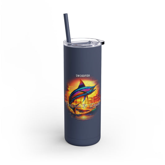 Birth month travel tumbler with a colorful swordfish design and straw lid