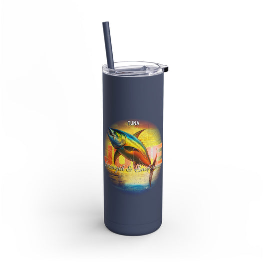 Printify birth month travel tumbler with tuna fish design and vibrant ocean sunset background