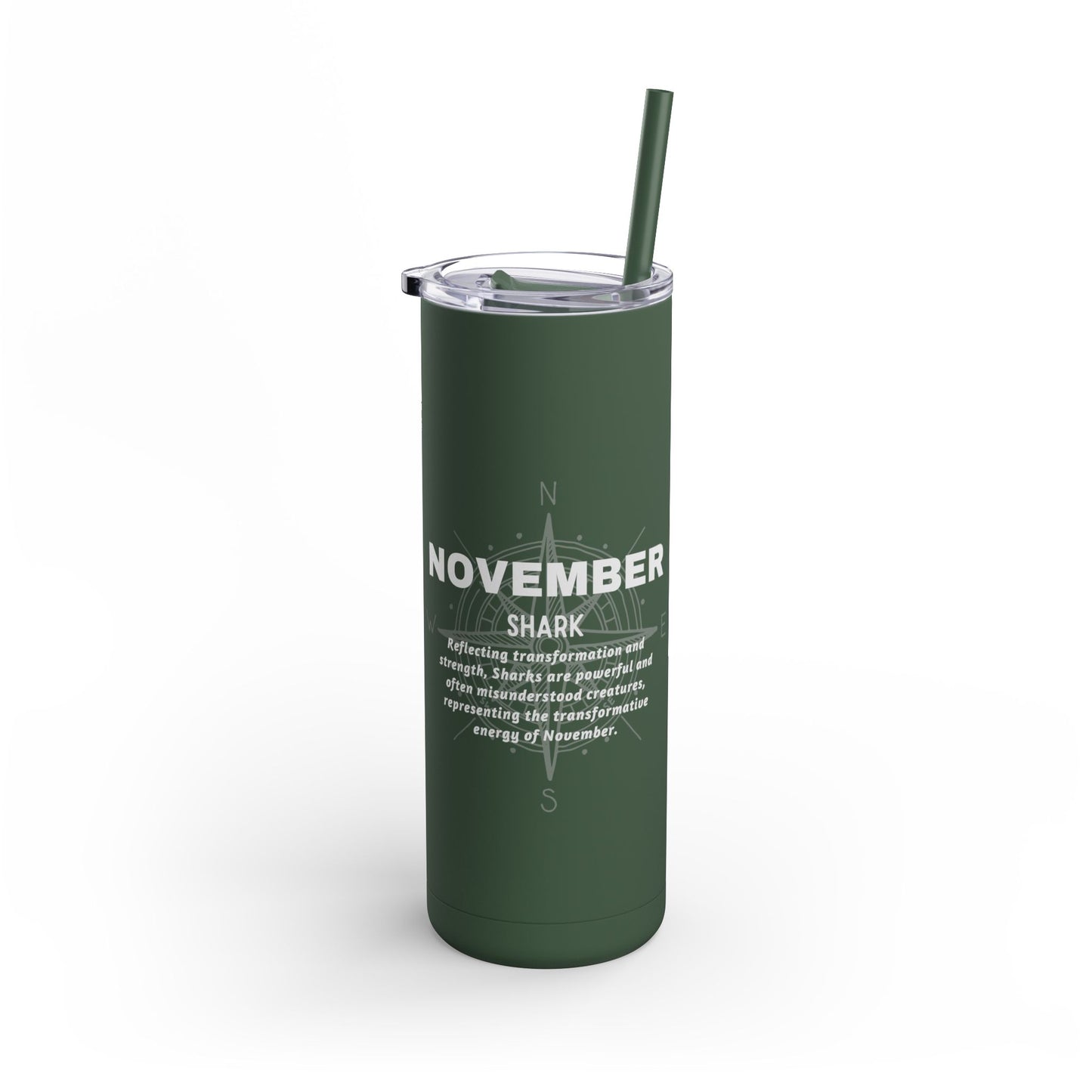 Green November shark birth month travel tumbler with lid and straw 