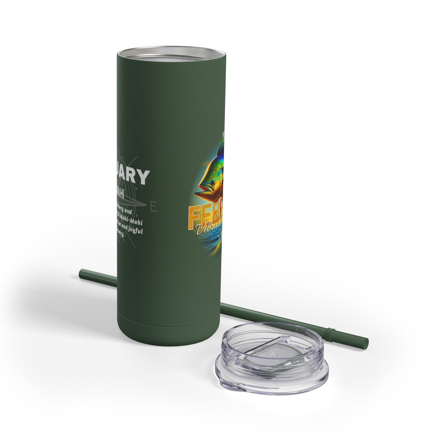 Green February birth month travel tumbler with removable lid and matching straw 