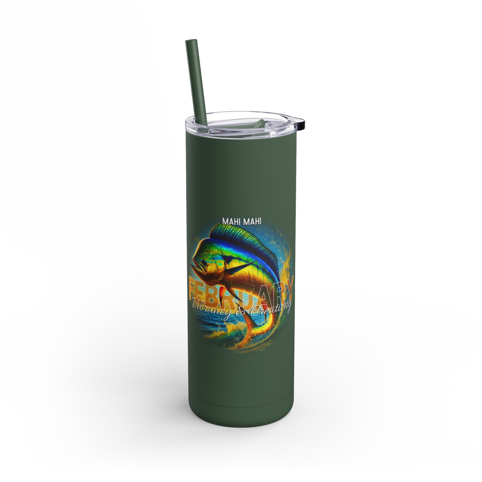 Green birth month travel tumbler with mahi mahi fish design and February text 